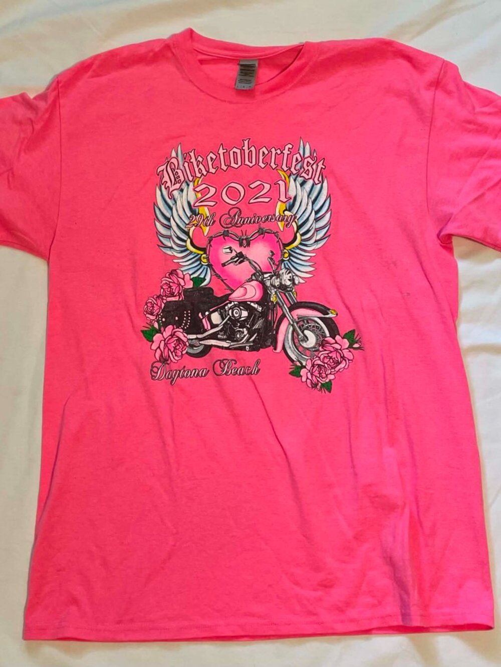GILDAN Women’s Pink BIKETOBERFEST Short Sleeve Shirt, L (flaws pictured)